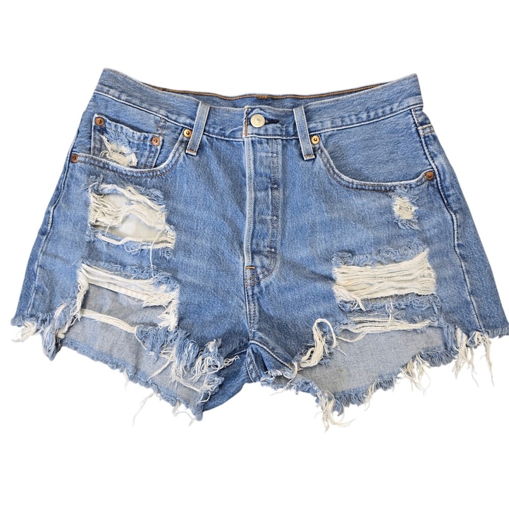 Levi's 501 Distressed Denim Shorts Women W29 Cut Off Frayed Raw Hem Festival